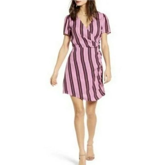 Leith multicolor print striped short sleeve V neck pink purple dress Sz Small - Picture 2 of 10